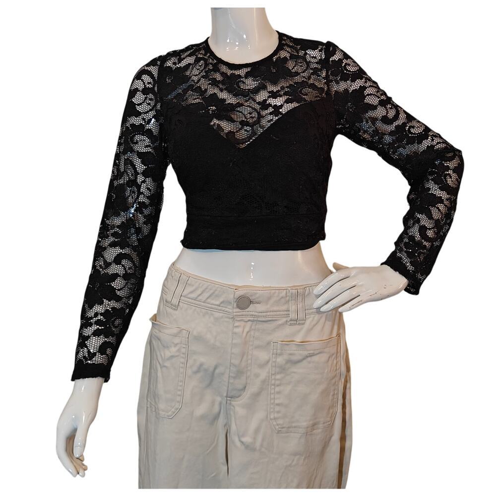 B.Darlin Black Lace Long Sleeve Crop Top Open Back Party XS‎ S
